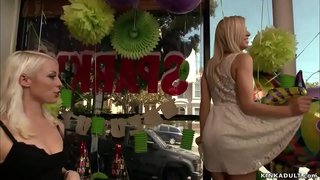 ���ერა საყვარელი Lorelei Lee zappers clit to submissive blonde babe Zoey Monroe while she is cuffed and chained then Mr Pete anal fucks her in public Bday shop